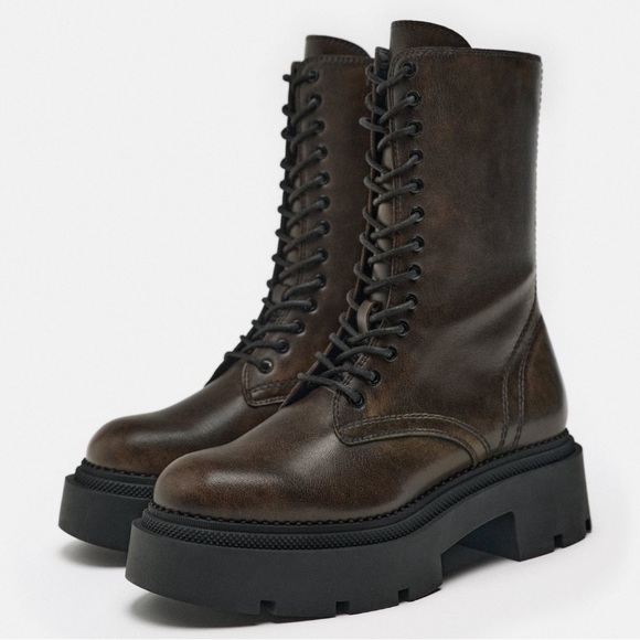 NEW! Zara Brown Distressed Laced Lug Sole Ankle Boots - Picture 5 of 10